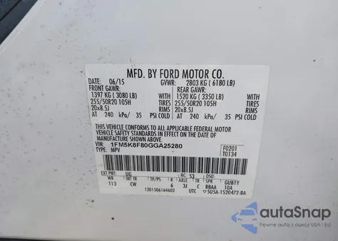 2016 Ford Explorer Limited z USA, uszkodzony, nr VIN 1FM5K8F80GGA25280